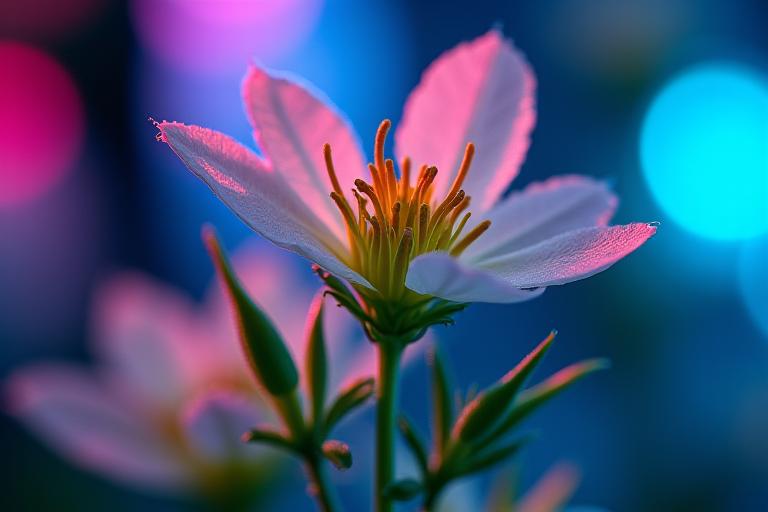 A close-up of a rare medicinal plant flowering under specialized lab lighting.
