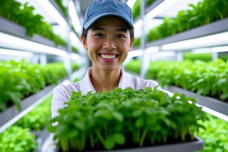 A worker proudly holding a tray of vibrant green basil in a vertical farm.