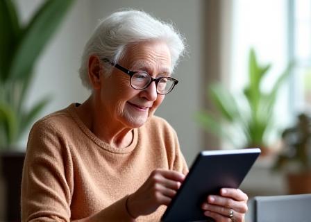 Senior learning AI on a tablet at a bright community space in Singapore